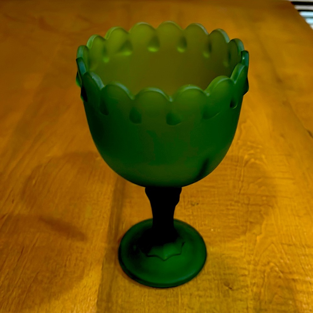 Vintage Indiana Glass Frosted Green Glass Goblet Scalloped Teardrop Edge